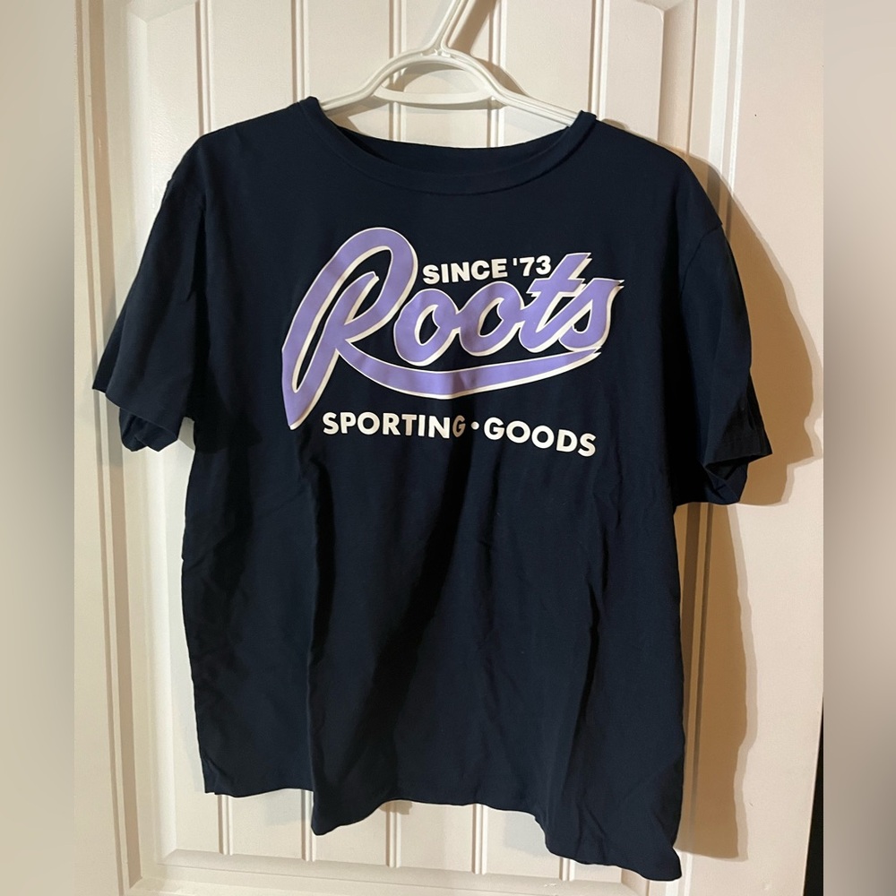 Roots Navy Tee with Lavender Logo